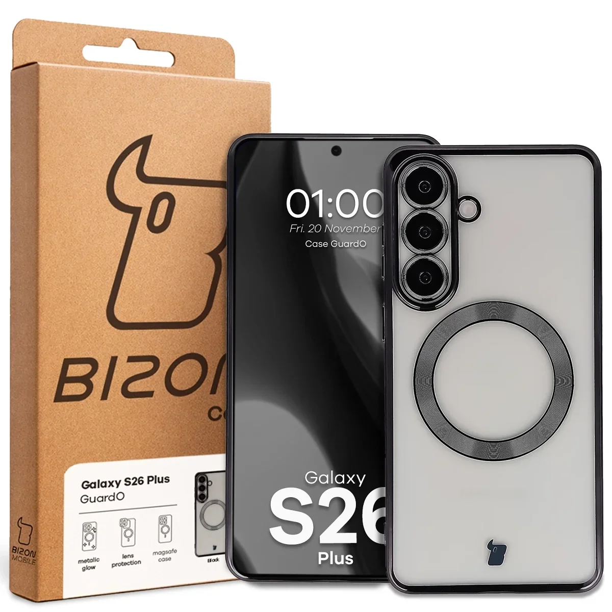 Front of the Bizon Case box with a dedicated label for Samsung Galaxy S26 Plus