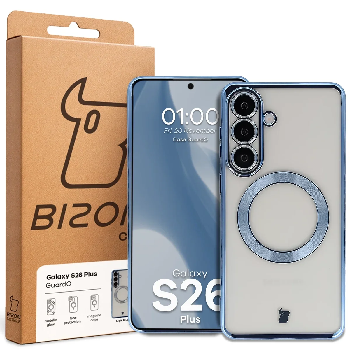 Front of the Bizon Case box with a dedicated label for Samsung Galaxy S26 Plus