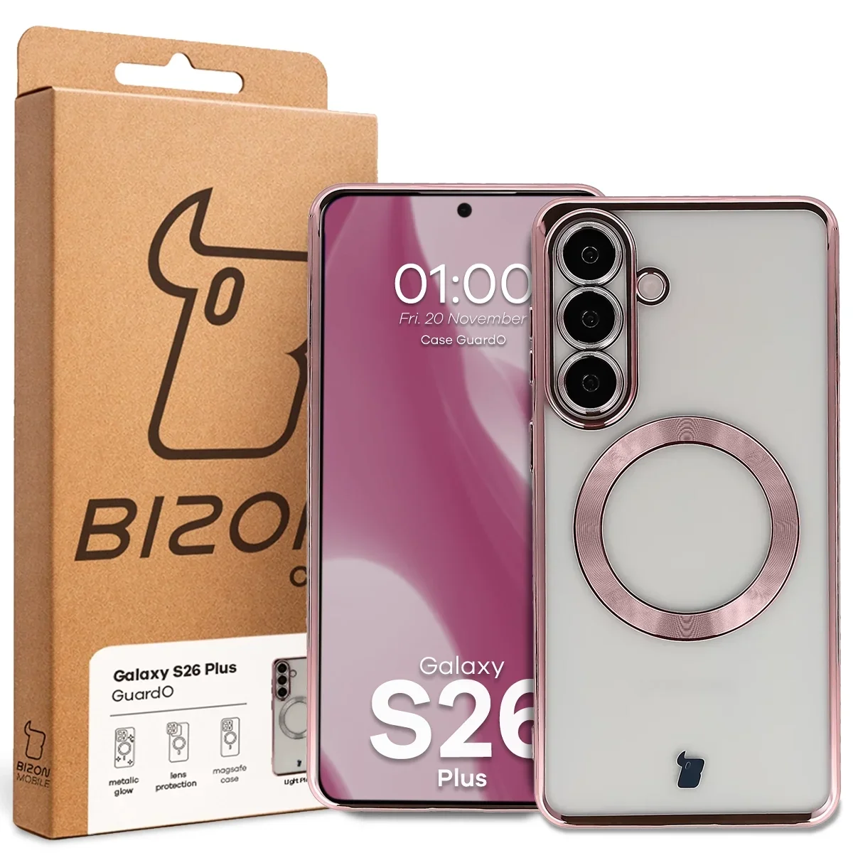 Front of the Bizon Case box with a dedicated label for Samsung Galaxy S26 Plus