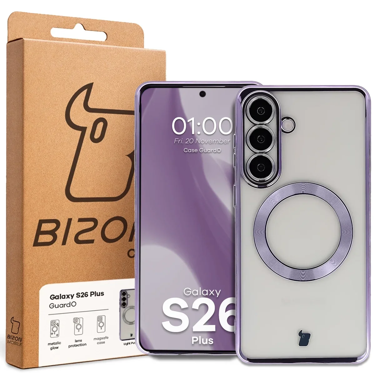 Front of the Bizon Case box with a dedicated label for Samsung Galaxy S26 Plus