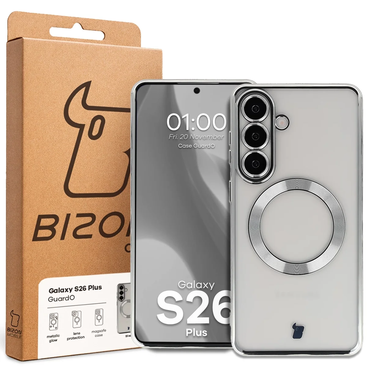 Front of the Bizon Case box with a dedicated label for Samsung Galaxy S26 Plus