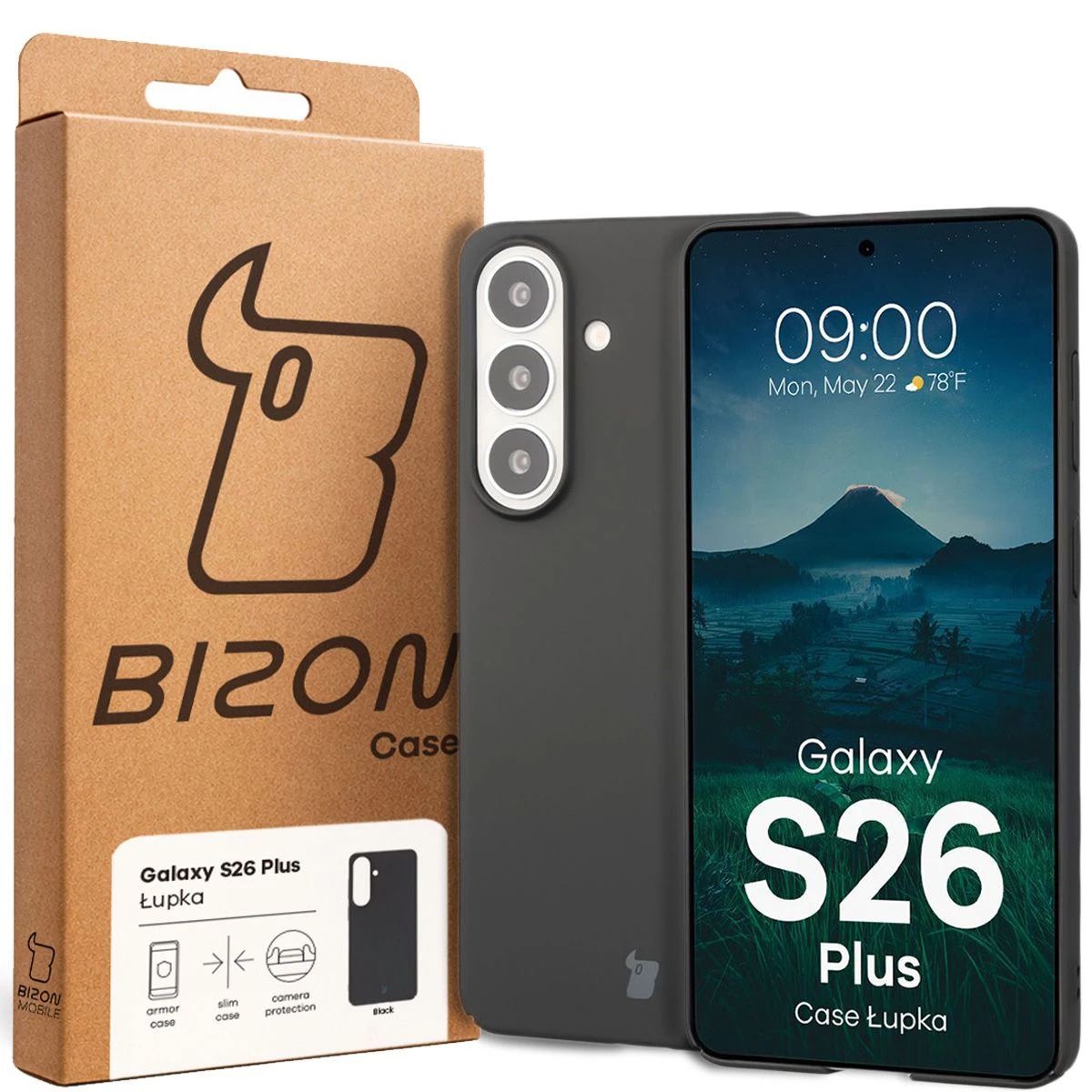 Fața cutiei Bizon Case cu eticheta dedicată pentru Samsung Galaxy S26 Plus