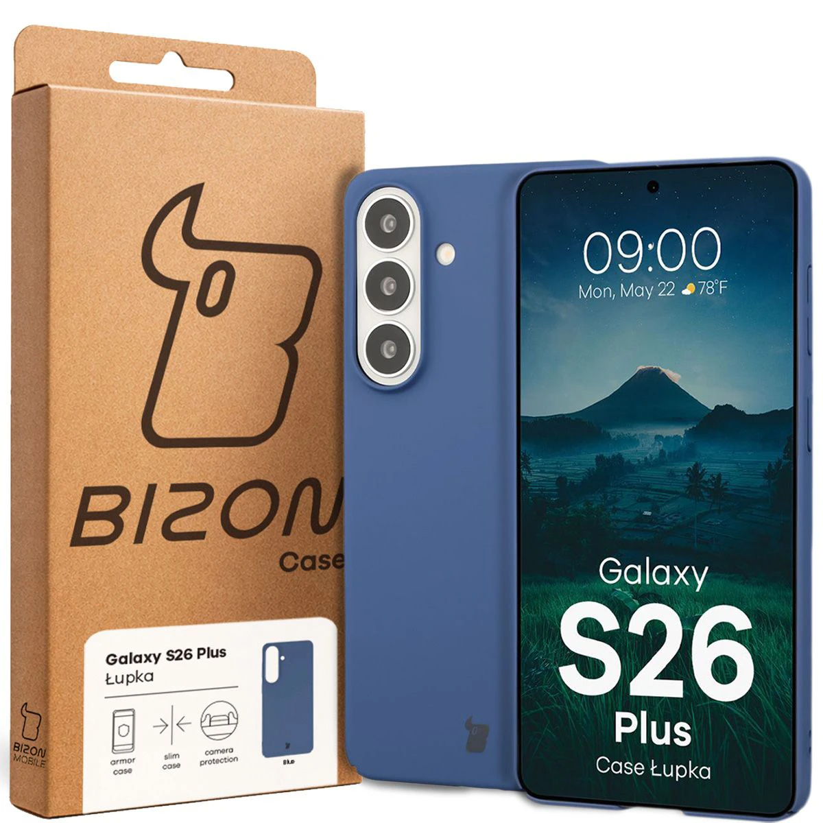 Fața cutiei Bizon Case cu etichetă dedicată pentru Samsung Galaxy S26 Plus
