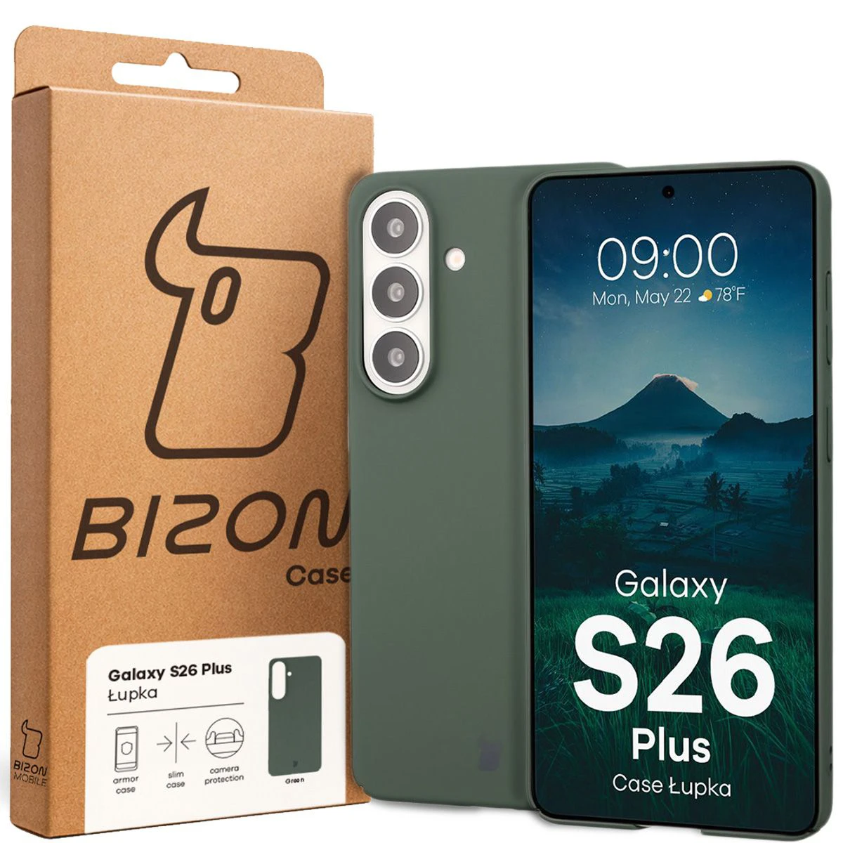 Fața cutiei Bizon Case cu eticheta dedicată pentru Samsung Galaxy S26 Plus
