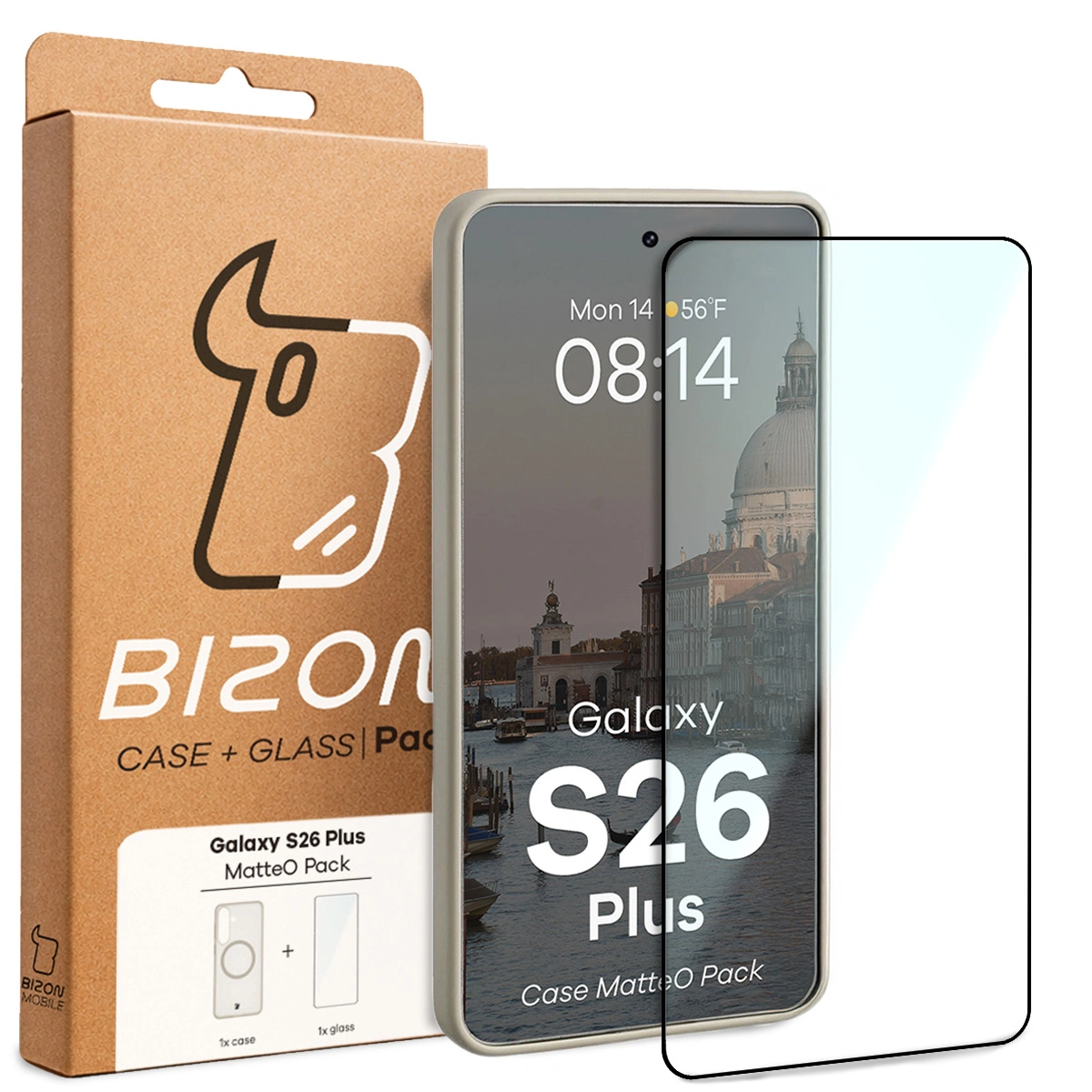 Przód pudełka Bizon Case Matteo Pack z dedykowaną etykietą do Samsung Galaxy S26 Plus