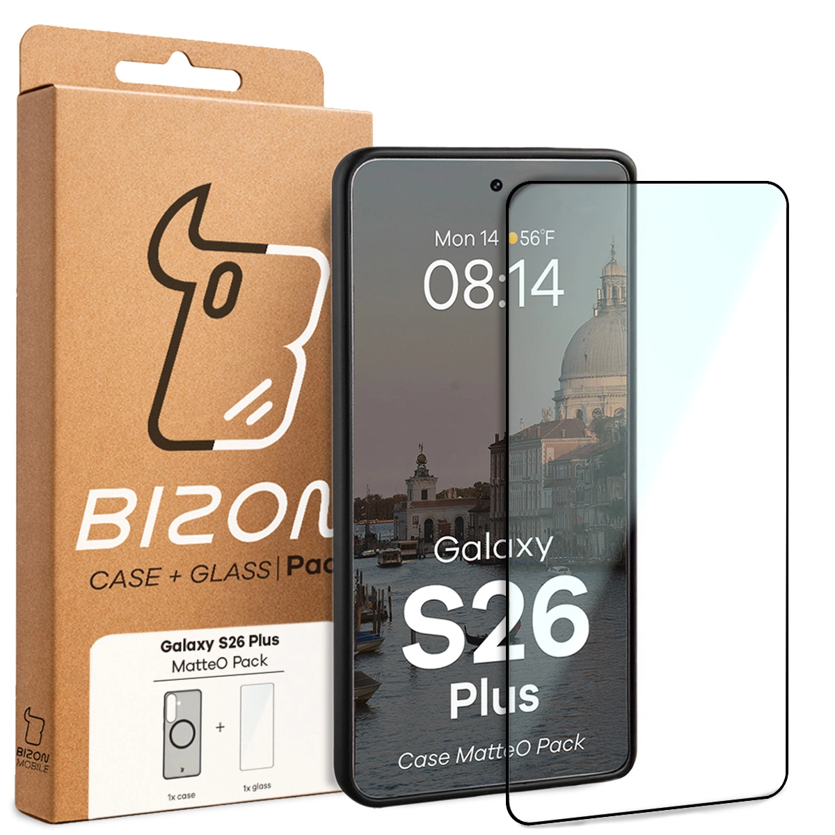 Przód pudełka Bizon Case Matteo Pack z dedykowaną etykietą do Samsung Galaxy S26 Plus