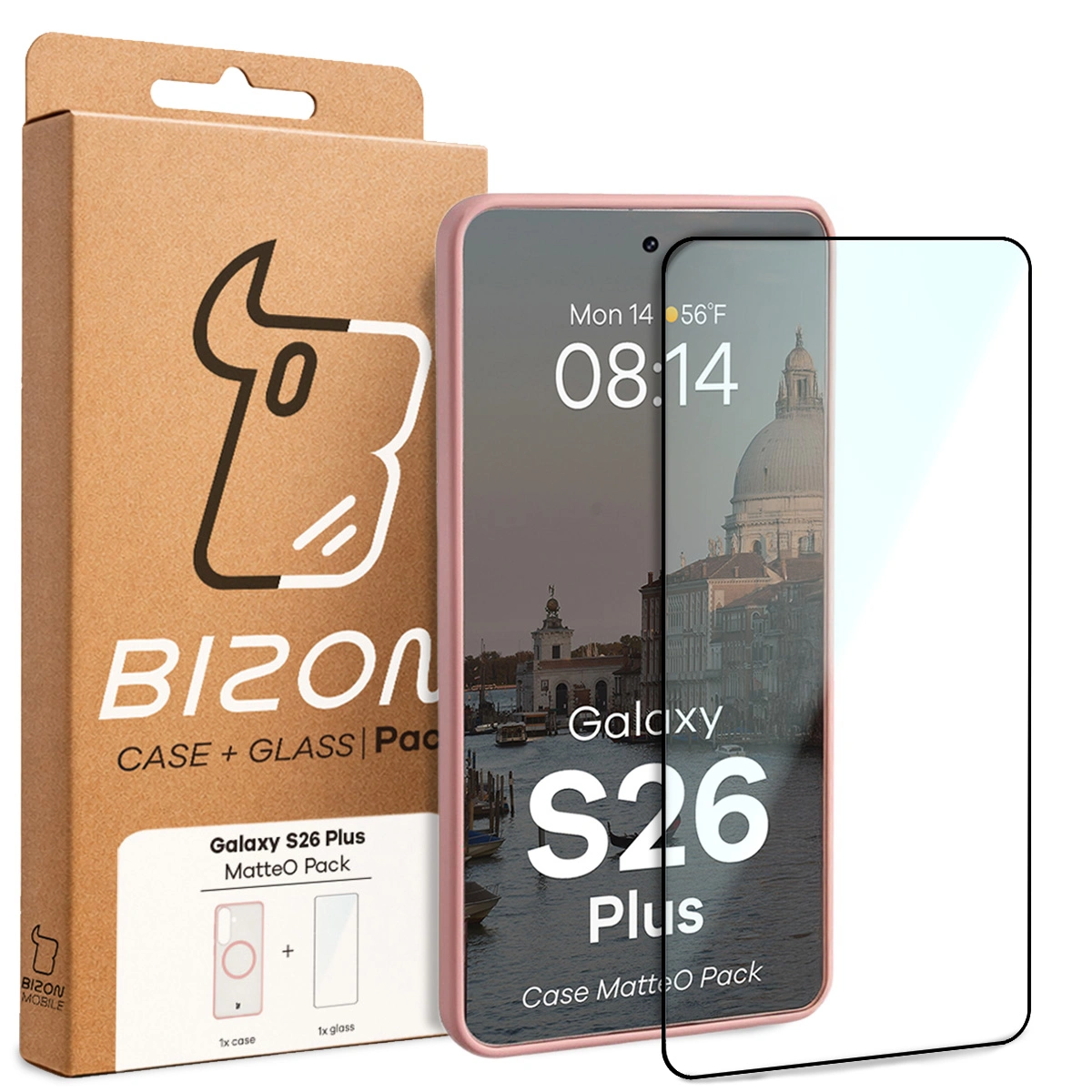 Przód pudełka Bizon Case Matteo Pack z dedykowaną etykietą do Samsung Galaxy S26 Plus