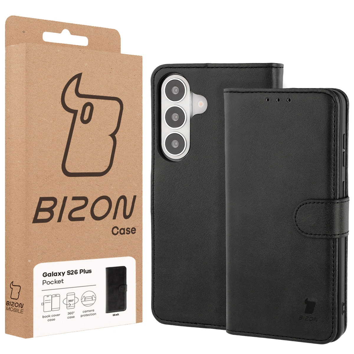 Vorderseite der Bison Case Box mit dediziertem Etikett für Samsung Galaxy S26 Plus