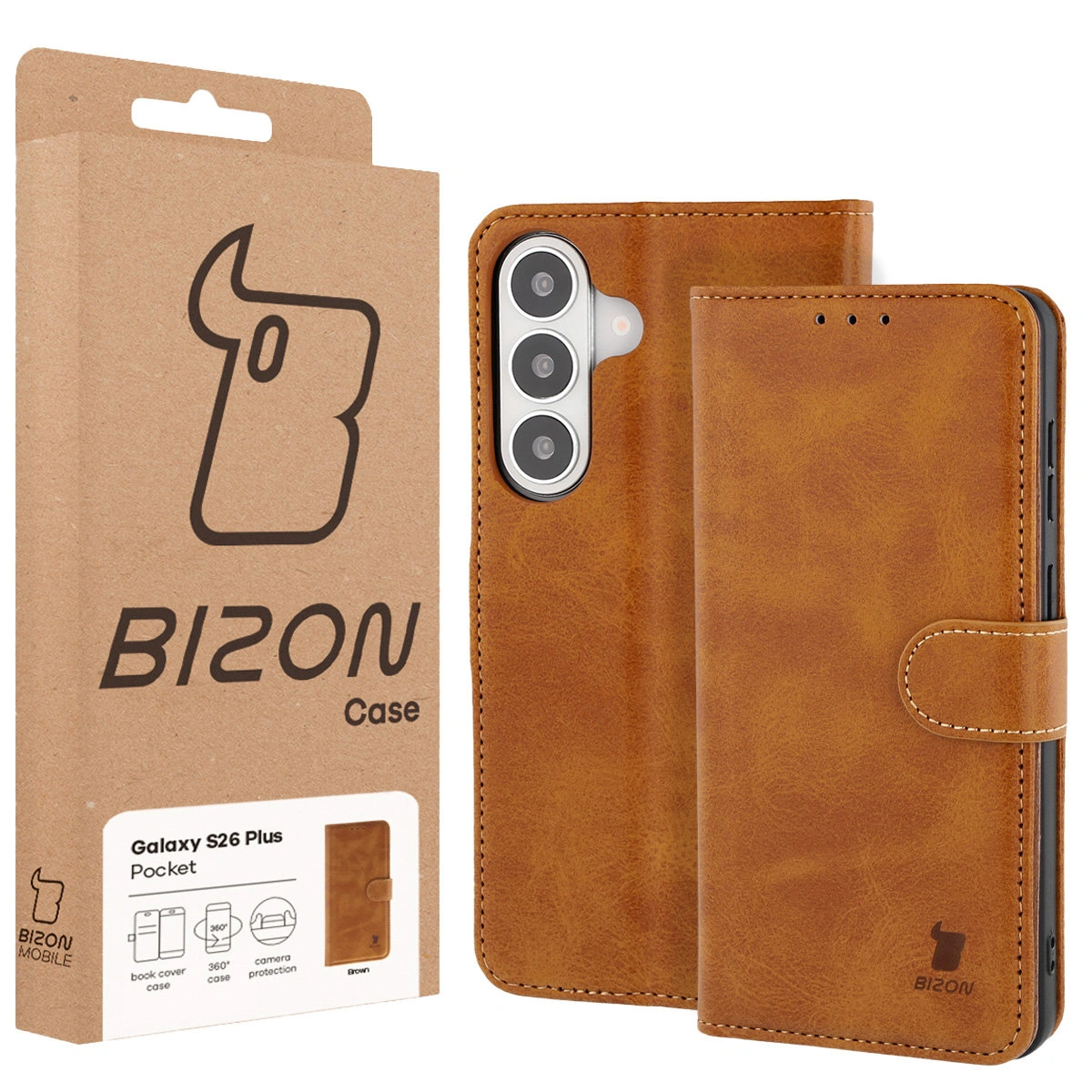 Fața cutiei Bizon Case cu eticheta dedicată pentru Samsung Galaxy S26 Plus