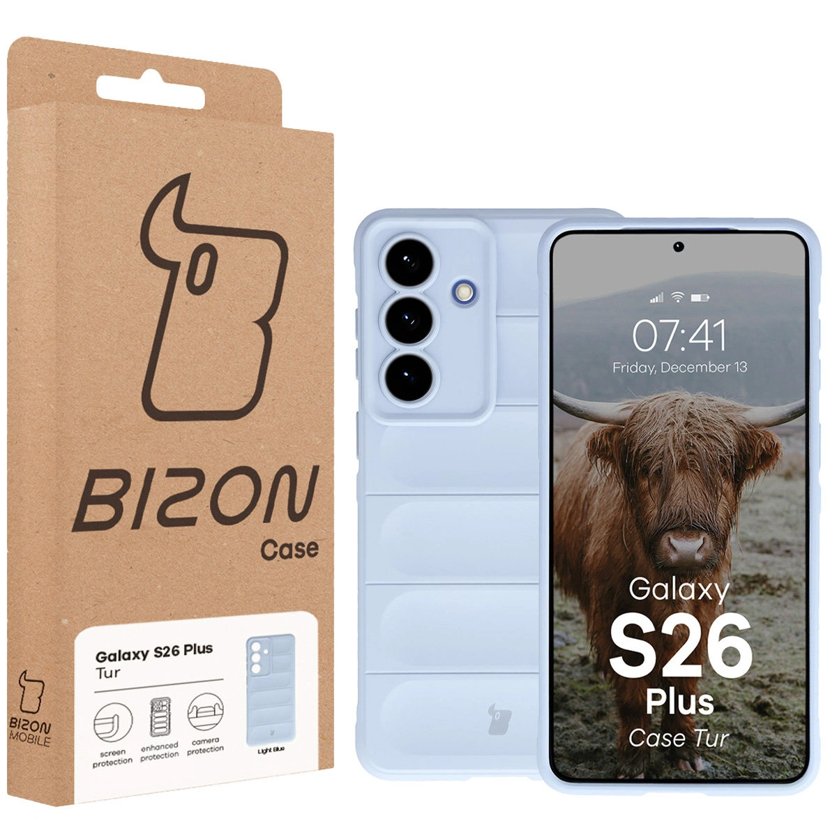 Front of the Bison Case box with a dedicated label for Samsung Galaxy S26 Plus
