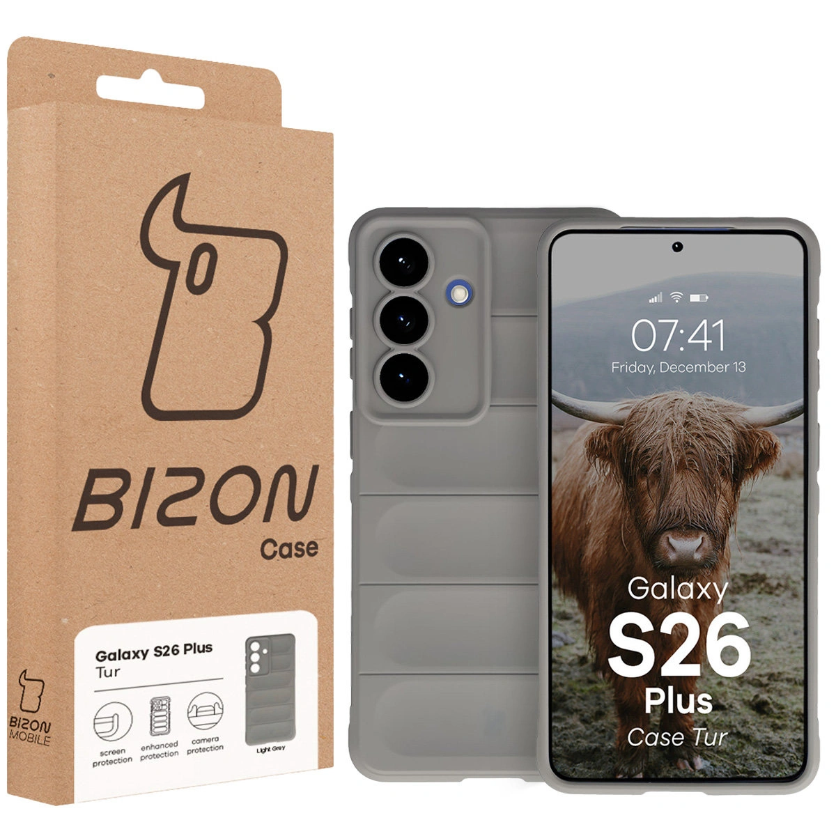 Vorderseite der Verpackung des Bizon Case mit dediziertem Etikett für das Samsung Galaxy S26 Plus