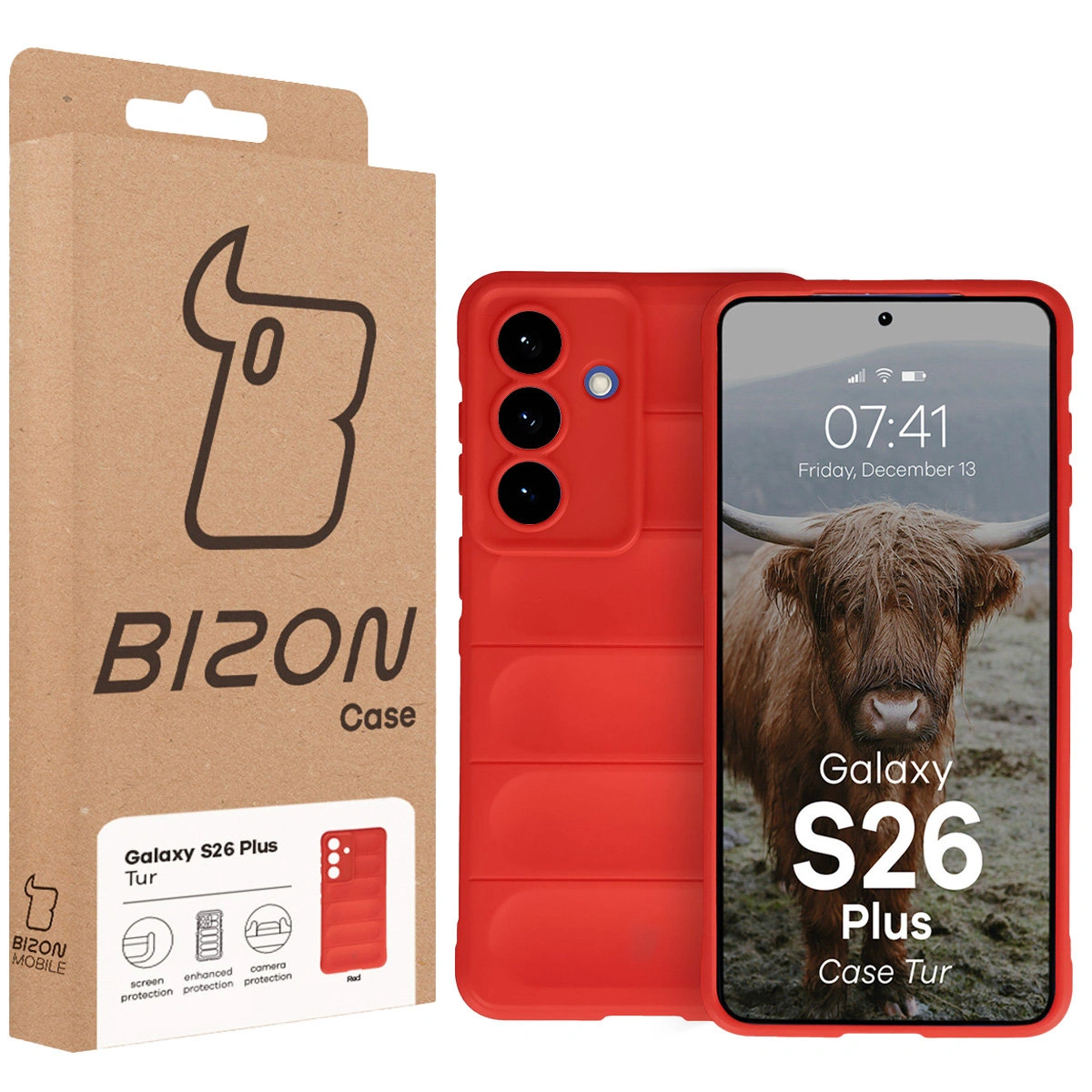 Fața cutiei Bizon Case cu etichetă dedicată pentru Samsung Galaxy S26 Plus