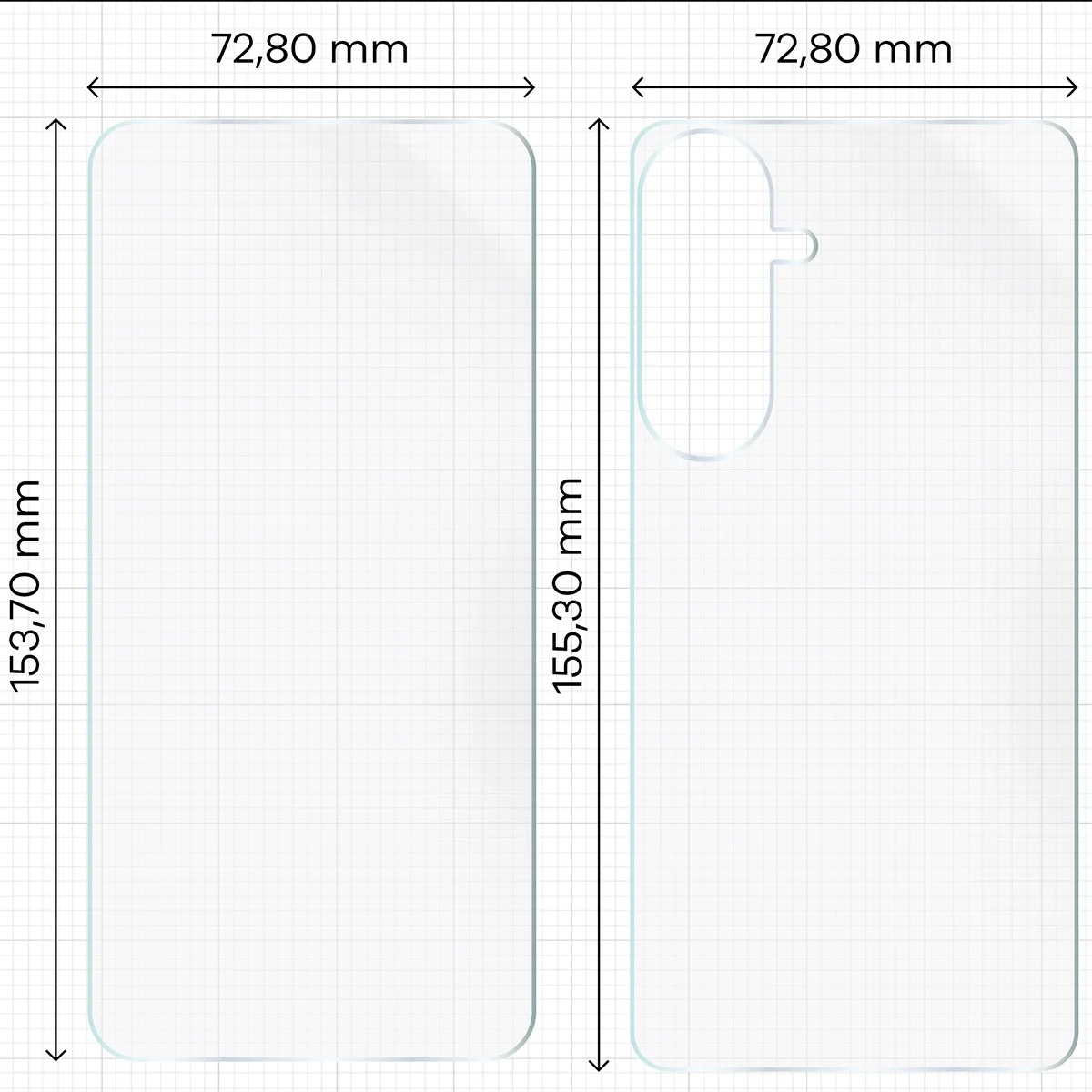 Wymiary dla folii hydrożelowej na plecki, mniejszy oraz większy wyświetlacz telefonu Bizon Film Hydrogel Pack do Samsung Galaxy S26 Plus