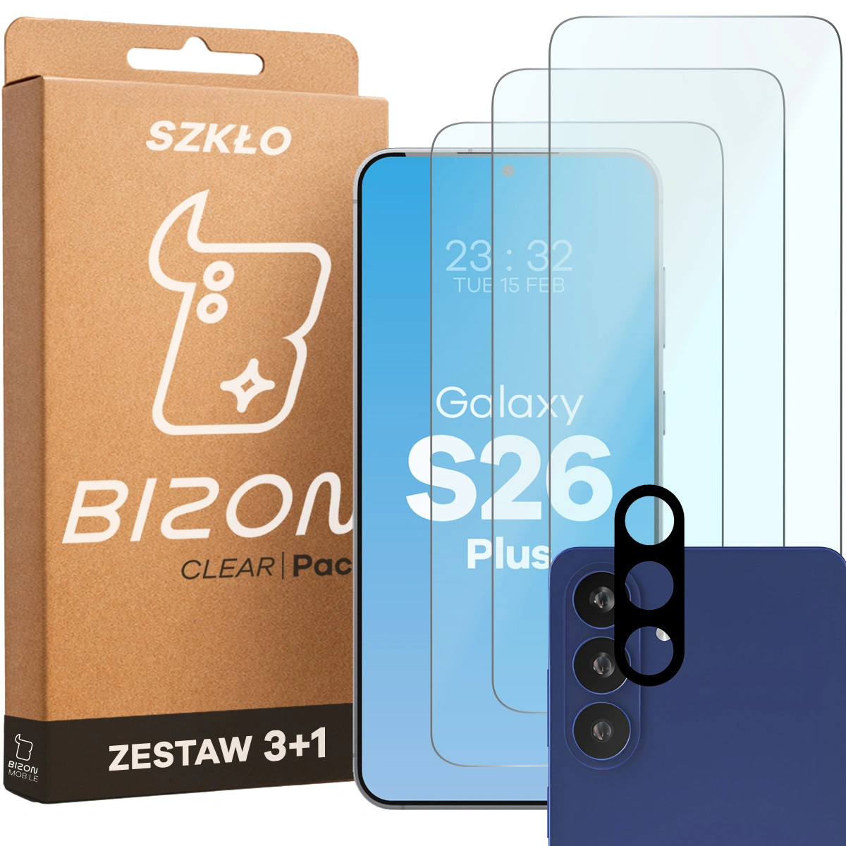 Pudełko i zestaw szkieł do Samsung Galaxy S26 Plus: 3x szkło hartowane i lens
