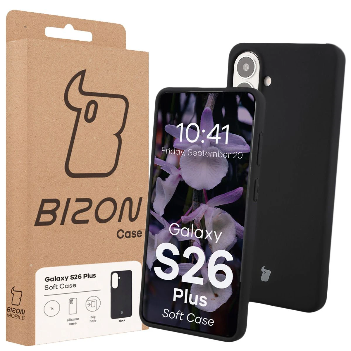 Fața cutiei Bizon Case cu etichetă dedicată pentru Samsung Galaxy S26 Plus
