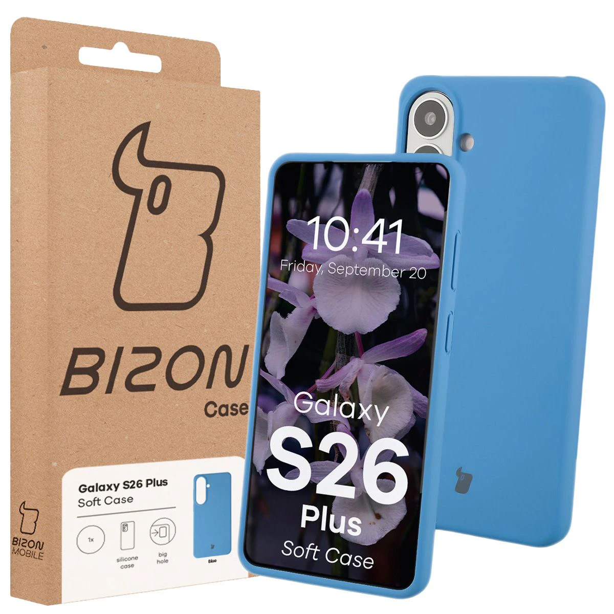 Przód pudełka Bizon Case z dedykowaną etykietą do Samsung Galaxy S26 Plus