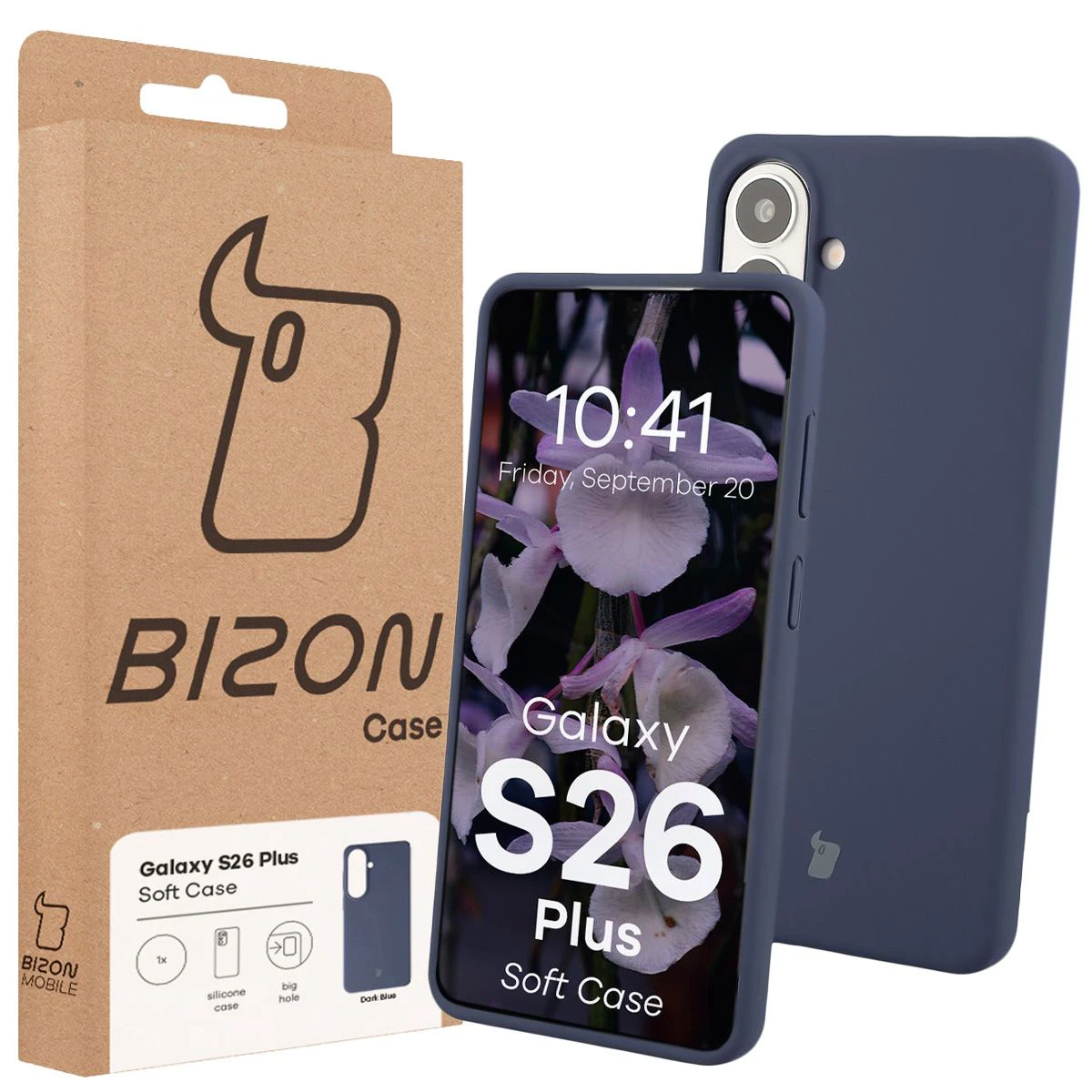 Przód pudełka Bizon Case z dedykowaną etykietą do Samsung Galaxy S26 Plus