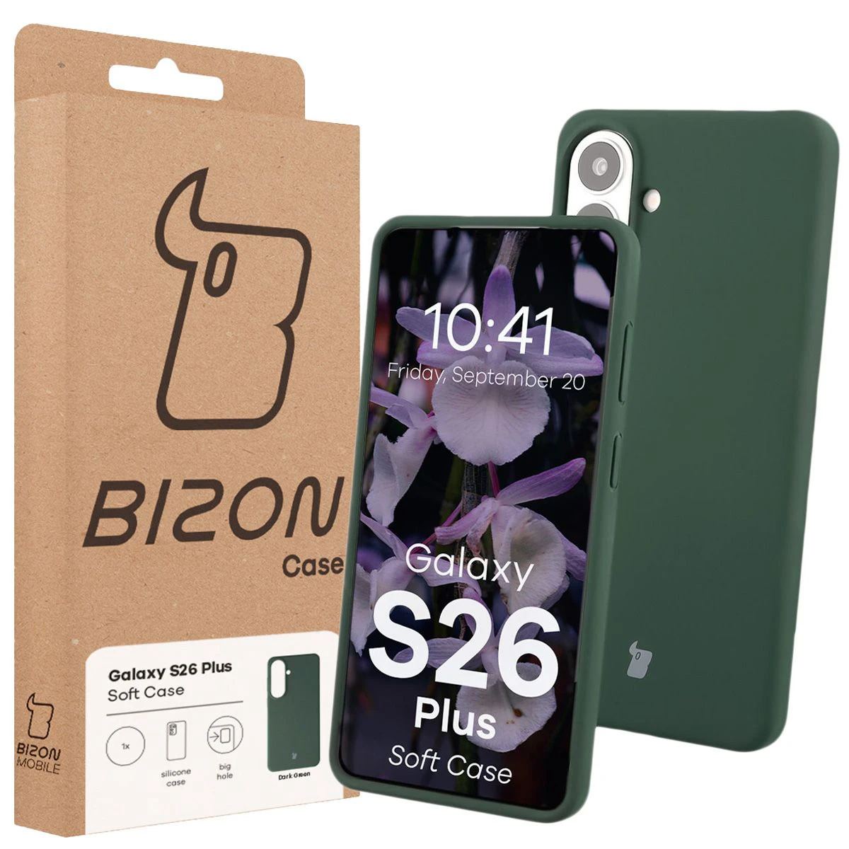 Fața cutiei Bizon Case cu etichetă dedicată pentru Samsung Galaxy S26 Plus