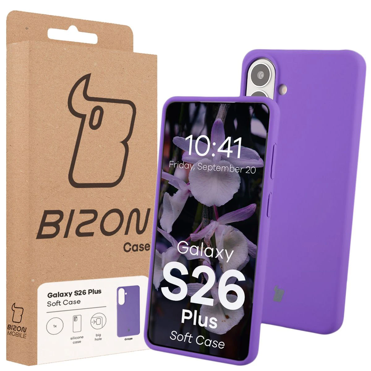 Fața cutiei Bizon Case cu eticheta dedicată pentru Samsung Galaxy S26 Plus