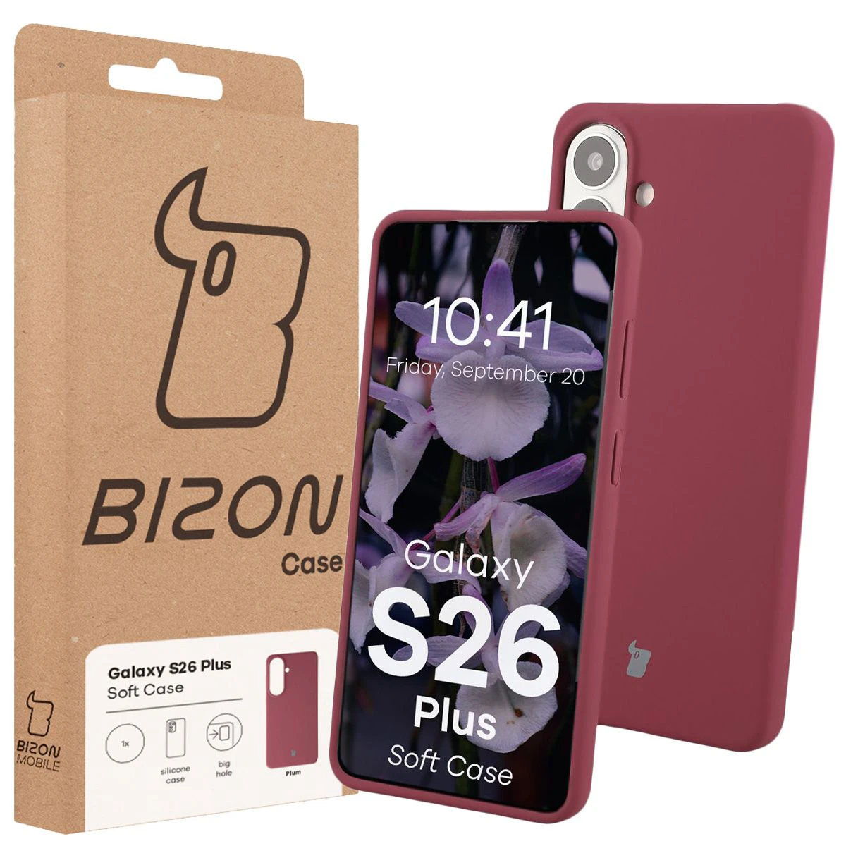 Przód pudełka Bizon Case z dedykowaną etykietą do Samsung Galaxy S26 Plus