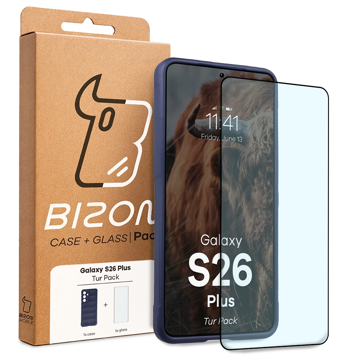 Vorderseite der Verpackung Bizon Tur Pack mit dediziertem Etikett für Samsung Galaxy S26 Plus