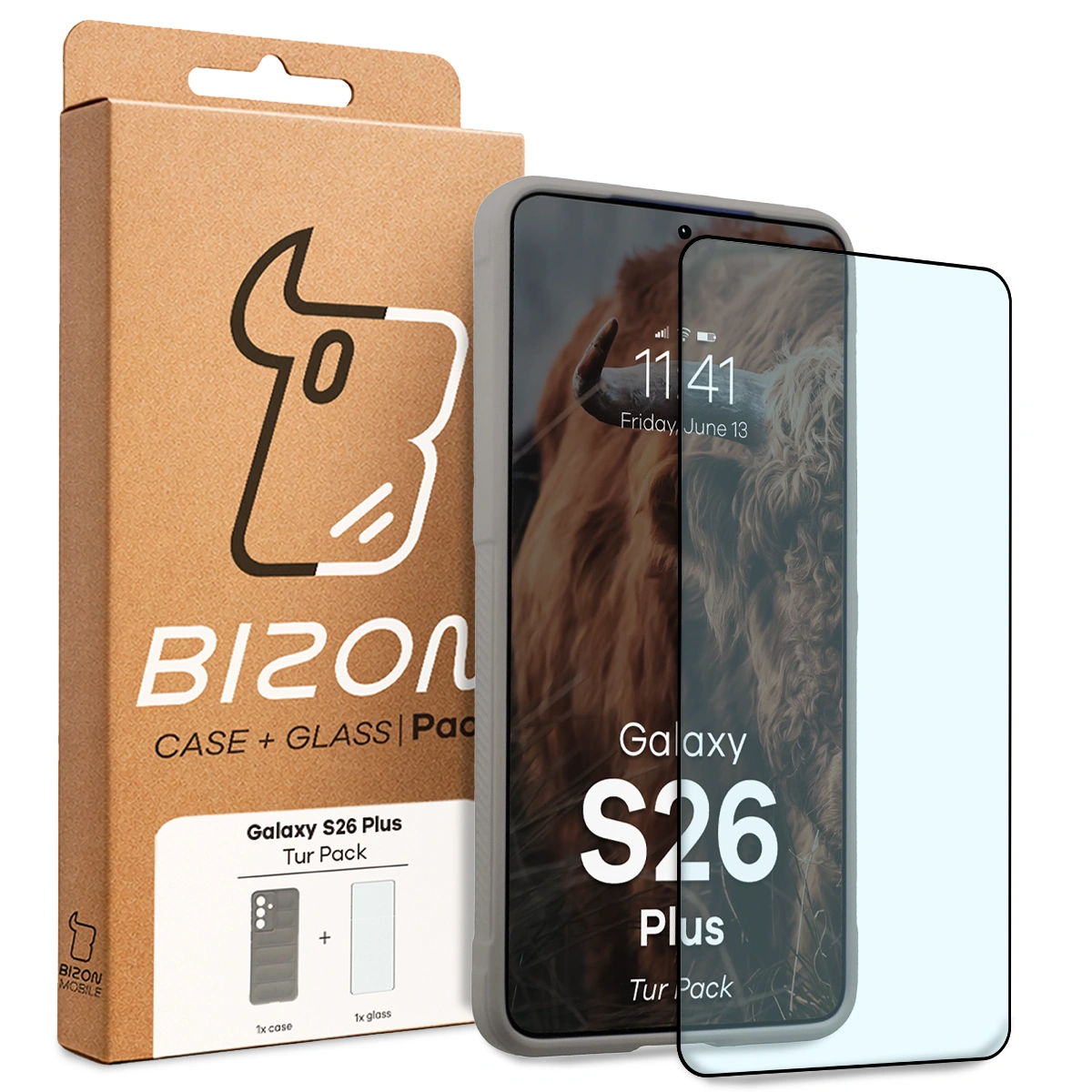 Przód pudełka Bizon Tur Pack z dedykowaną etykietą do Samsung Galaxy S26 Plus