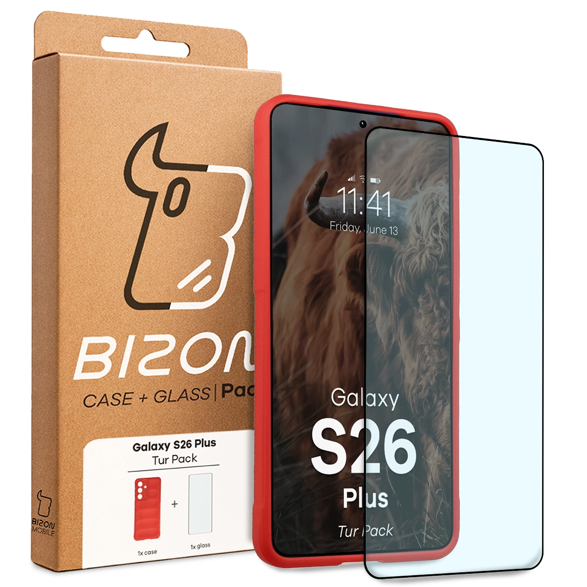 Fața cutiei Bizon Tur Pack cu eticheta dedicată pentru Samsung Galaxy S26 Plus