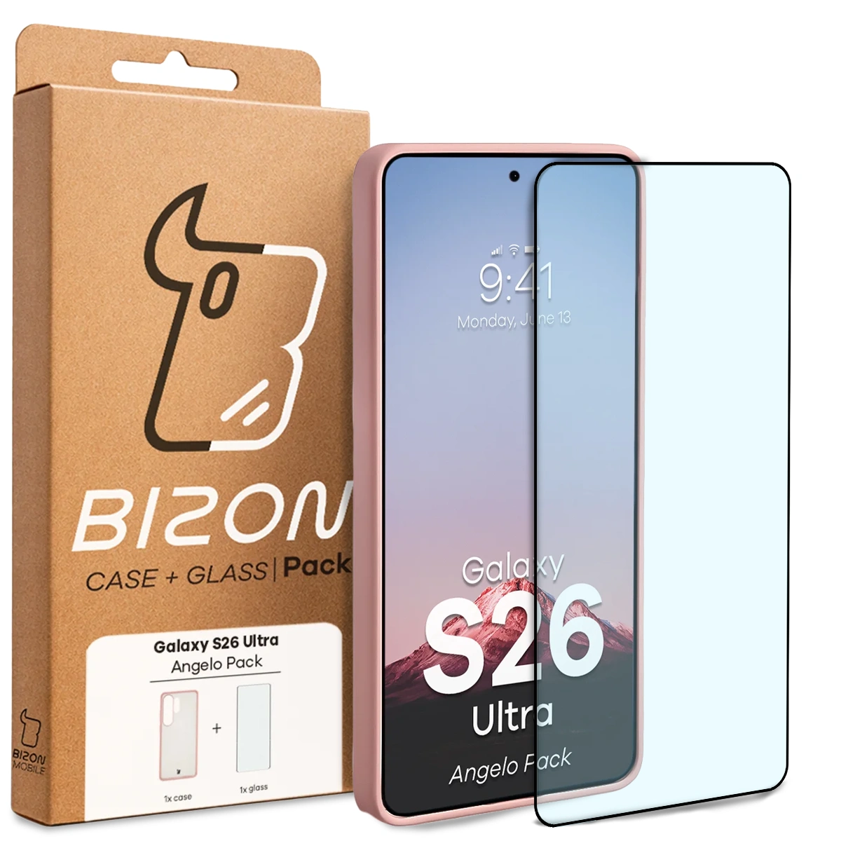 Front of the Bizon Case Angelo Pack box with dedicated label for Samsung Galaxy S26 Ultra