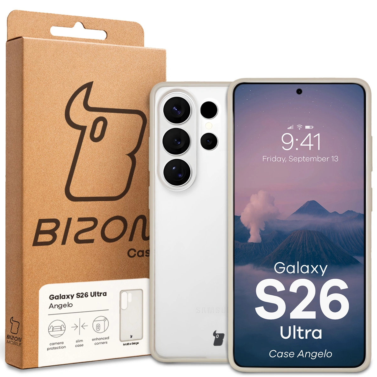 Fața cutiei Bizon Case cu etichetă dedicată pentru Samsung Galaxy S26 Ultra