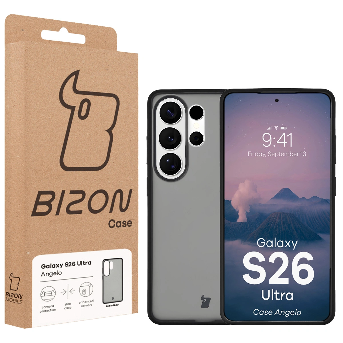 Przód pudełka Bizon Case z dedykowaną etykietą do Samsung Galaxy S26 Ultra
