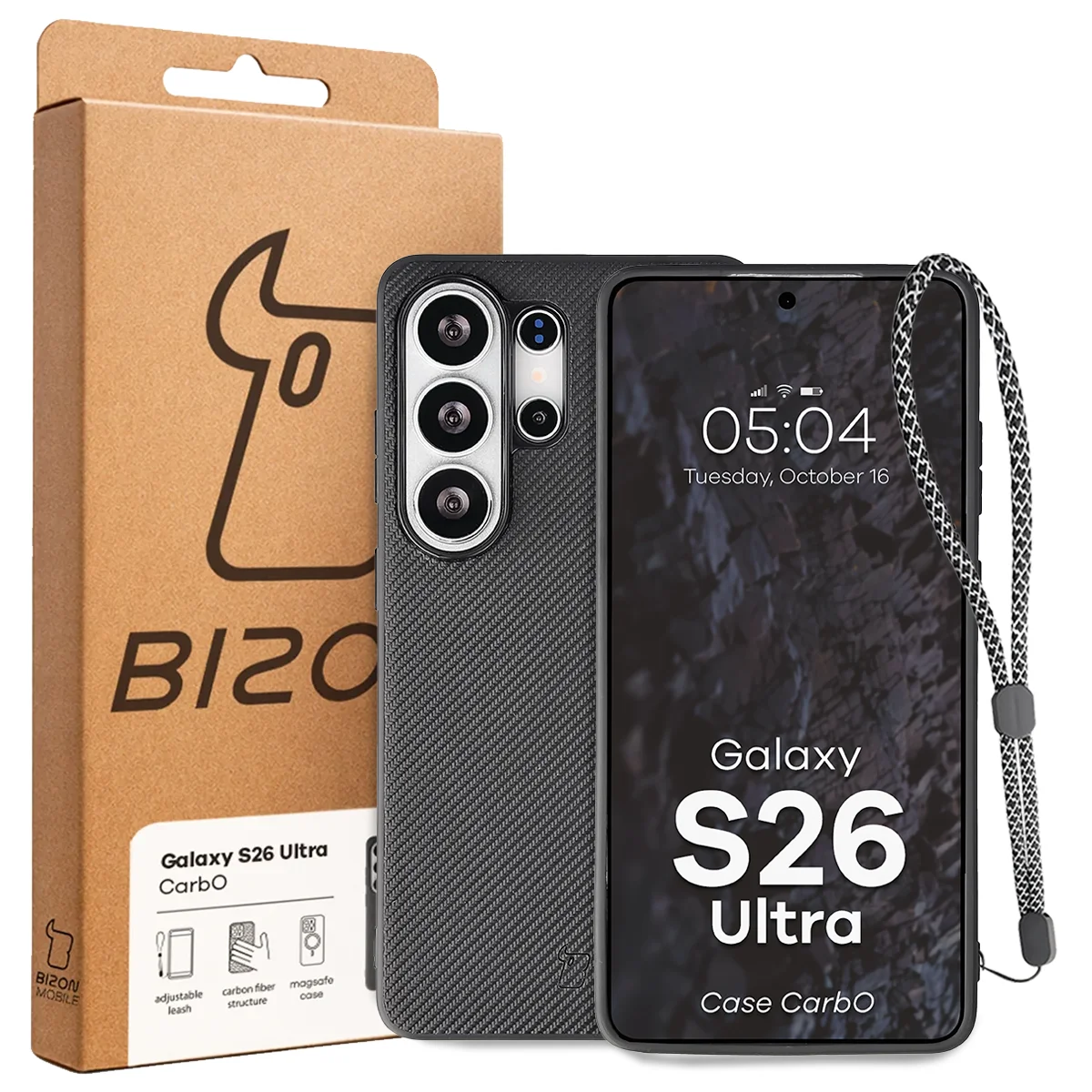 Front of the Bizon Case box with a dedicated label for Samsung Galaxy S26 Ultra