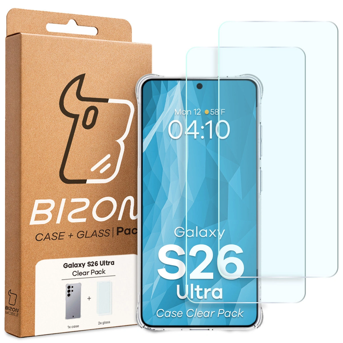 Front of the Bizon Case+Glass box with a dedicated label for Samsung Galaxy S26 Ultra