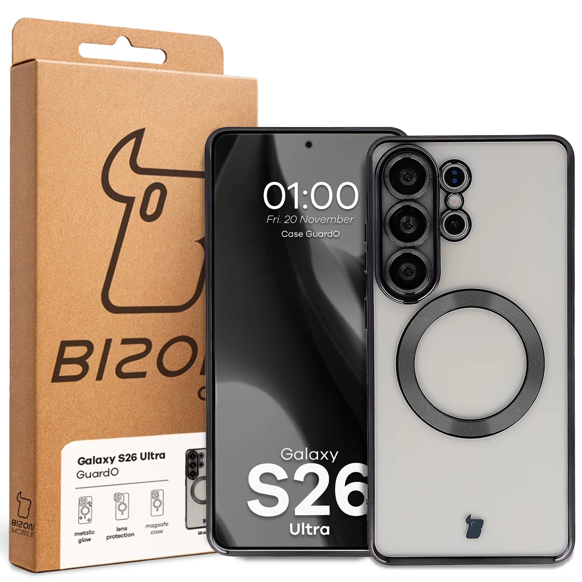 Front of the Bizon Case box with a dedicated label for Samsung Galaxy S26 Ultra