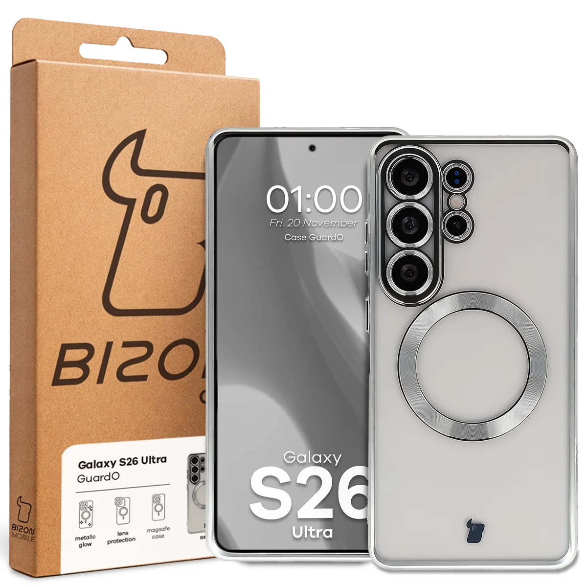 Front of the Bizon Case box with a dedicated label for Samsung Galaxy S26 Ultra