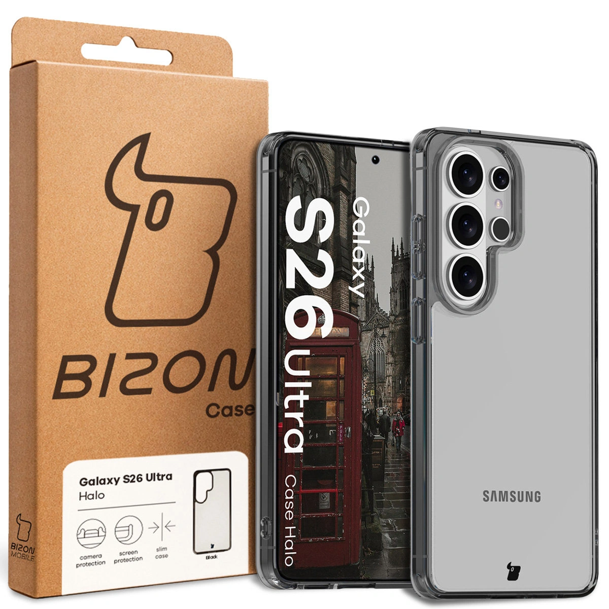 Vorderseite der Bizon Case Box mit dediziertem Etikett für Samsung Galaxy S26 Ultra