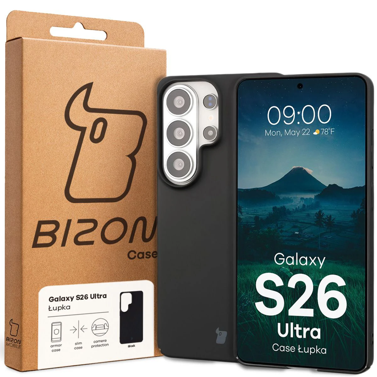 Fața cutiei Bizon Case cu eticheta dedicată pentru Samsung Galaxy S26 Ultra