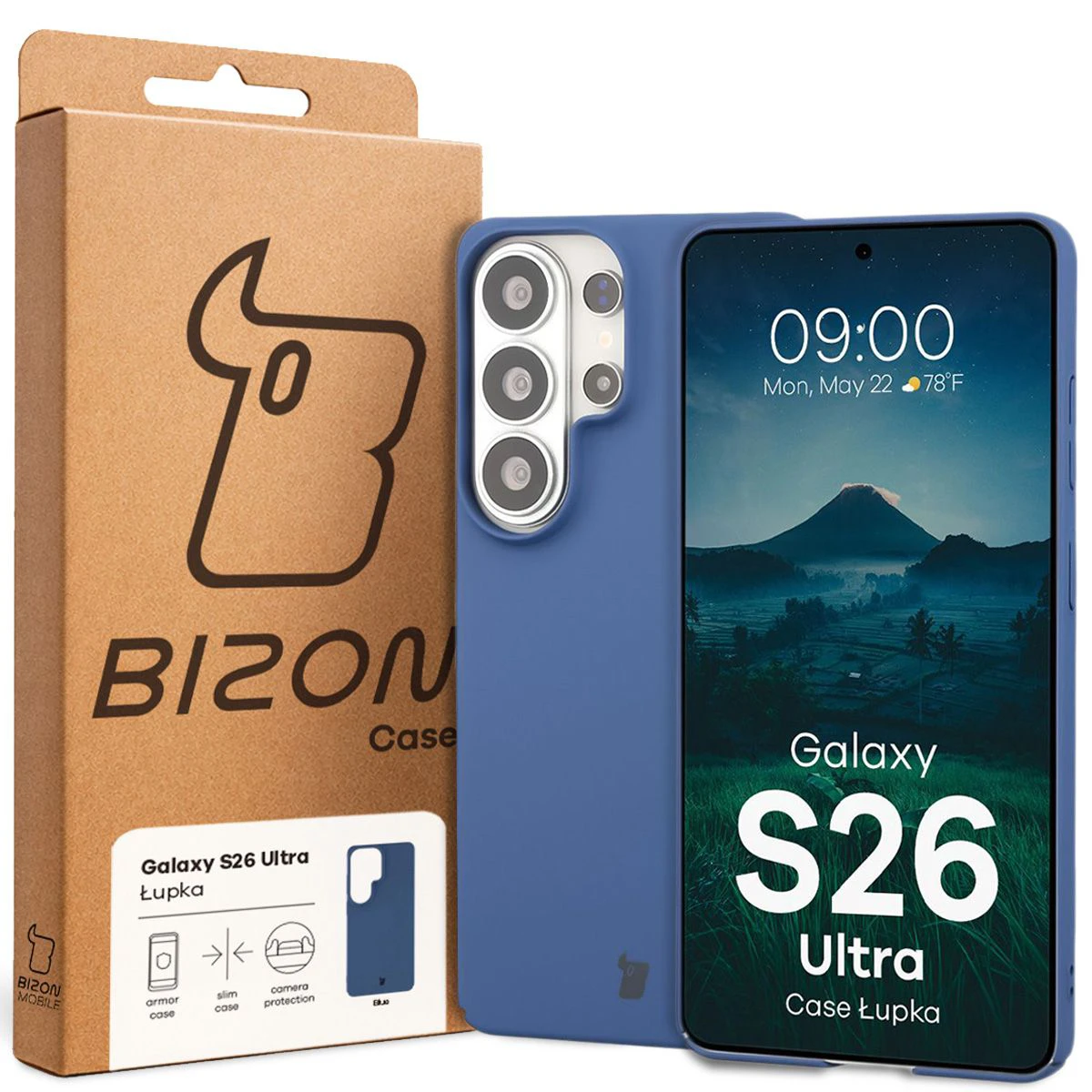Fața cutiei Bizon Case cu eticheta dedicată pentru Samsung Galaxy S26 Ultra