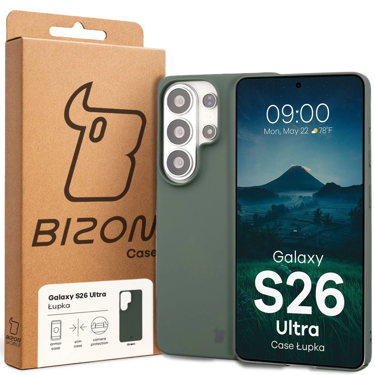 Fața cutiei Bizon Case cu eticheta dedicată pentru Samsung Galaxy S26 Ultra