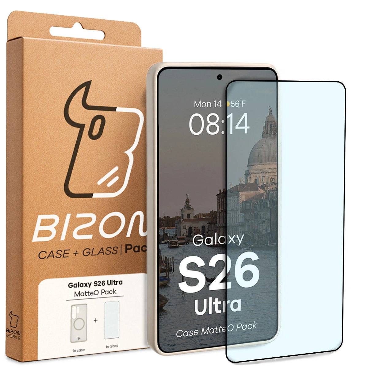 Przód pudełka Bizon Case Matteo Pack z dedykowaną etykietą do Samsung Galaxy S26 Ultra