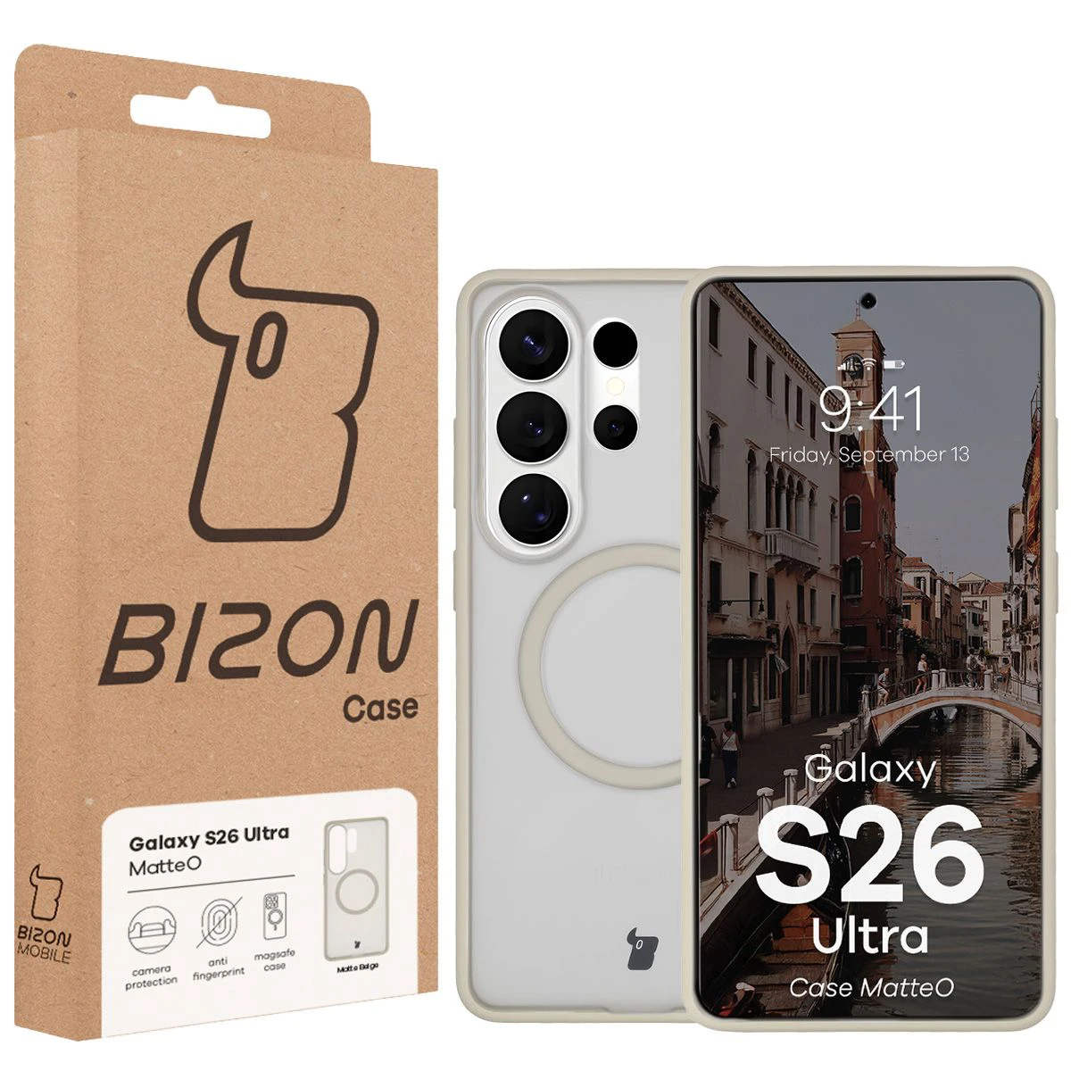 Przód pudełka Bizon Case z dedykowaną etykietą do Samsung Galaxy S26 Ultra