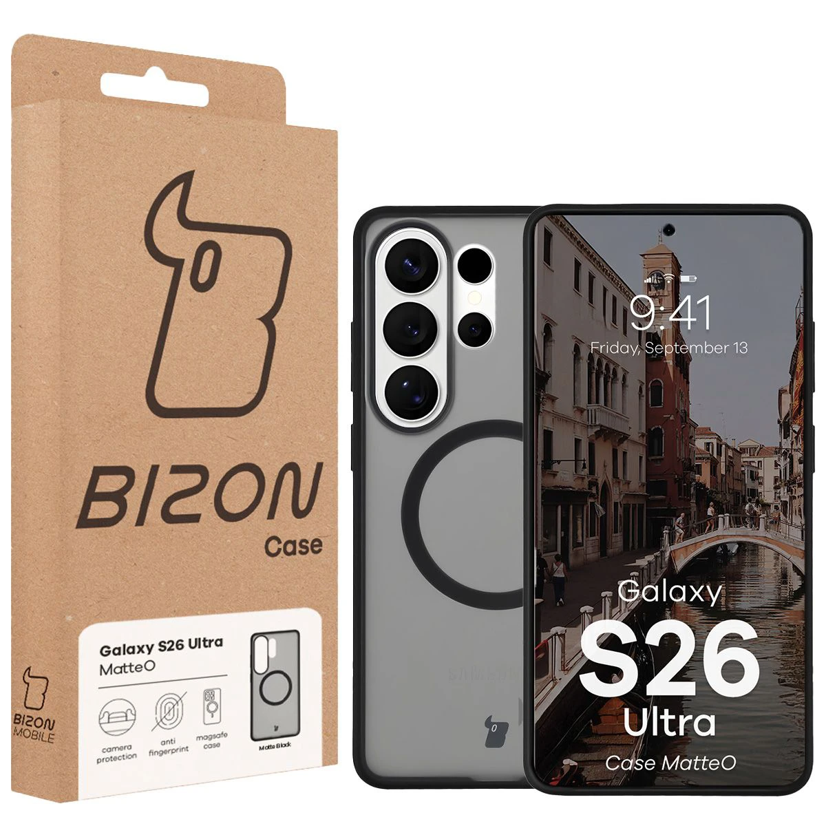 Przód pudełka Bizon Case z dedykowaną etykietą do Samsung Galaxy S26 Ultra