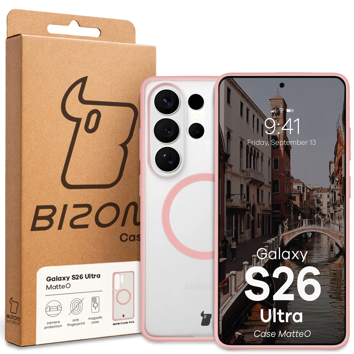 Przód pudełka Bizon Case z dedykowaną etykietą do Samsung Galaxy S26 Ultra