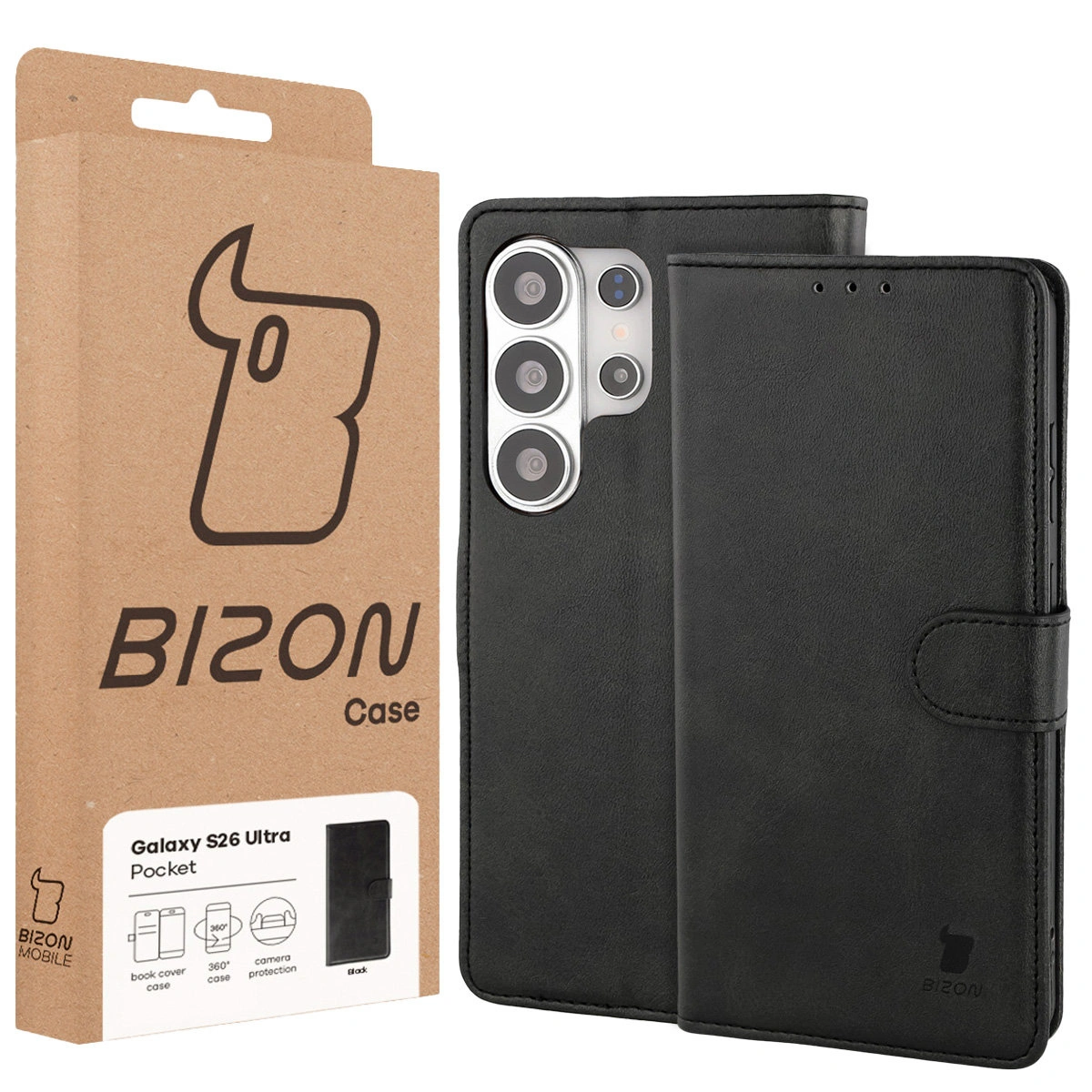 Fața cutiei Bizon Case cu eticheta dedicată pentru Samsung Galaxy S26 Ultra