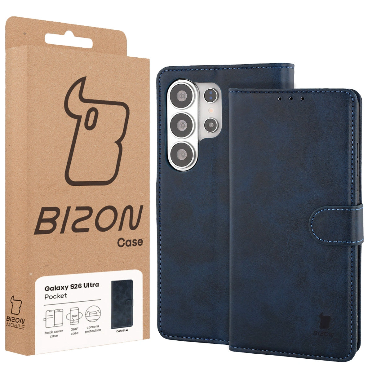 Fața cutiei Bizon Case cu eticheta dedicată pentru Samsung Galaxy S26 Ultra