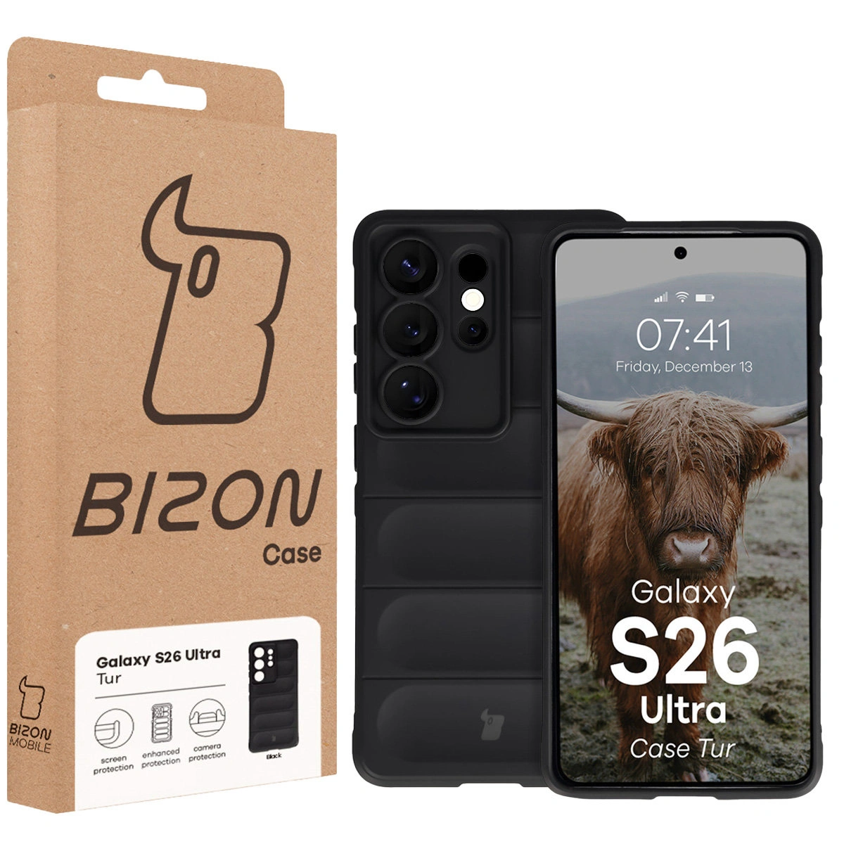 Front of the Bison Case box with a dedicated label for Samsung Galaxy S26 Ultra