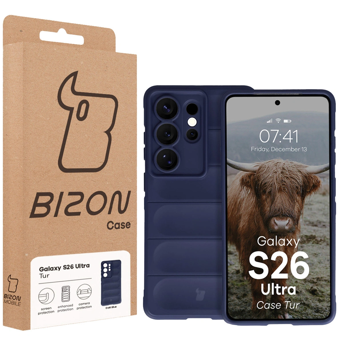 Vorderseite der Bizon Case Box mit dediziertem Etikett für Samsung Galaxy S26 Ultra