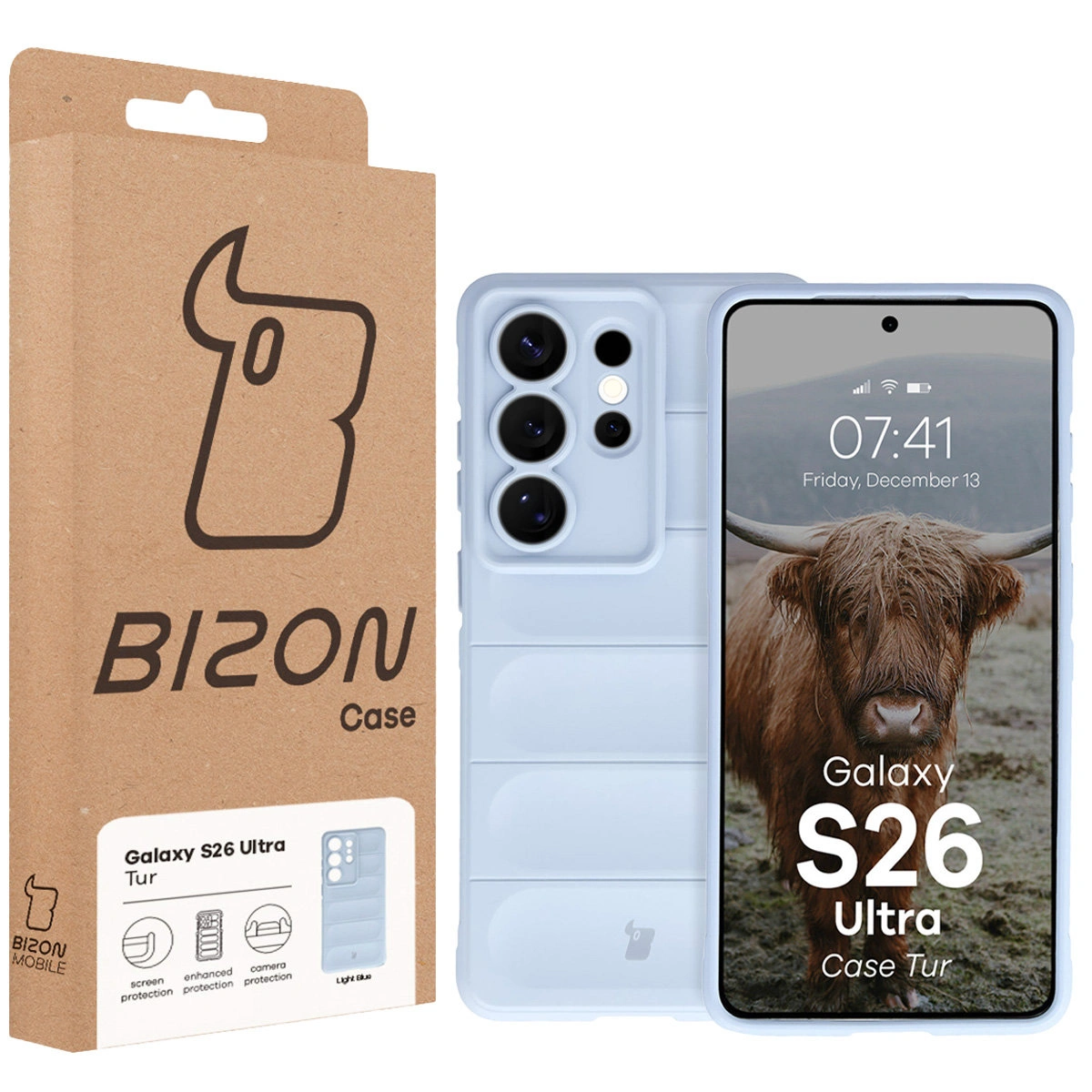 Front of the Bison Case box with a dedicated label for Samsung Galaxy S26 Ultra