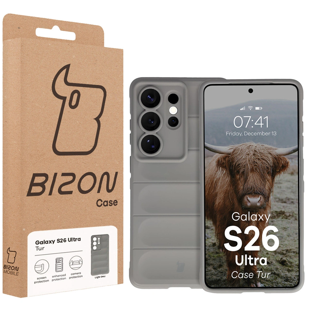 Vorderseite der Bizon Case Box mit dediziertem Etikett für Samsung Galaxy S26 Ultra