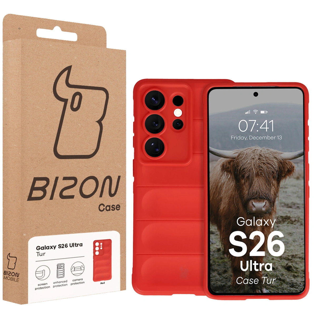 Vorderseite der Bizon Case Box mit dediziertem Etikett für Samsung Galaxy S26 Ultra