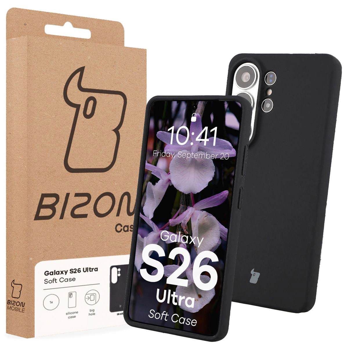 Fața cutiei Bizon Case cu etichetă dedicată pentru Samsung Galaxy S26 Ultra